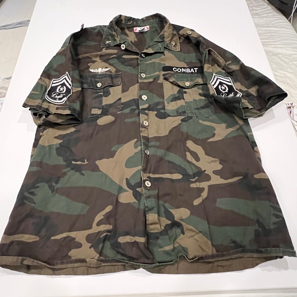 Combat Mens 5XL Camo Short Sleeve Button Down Shirt Military Style Patches Green